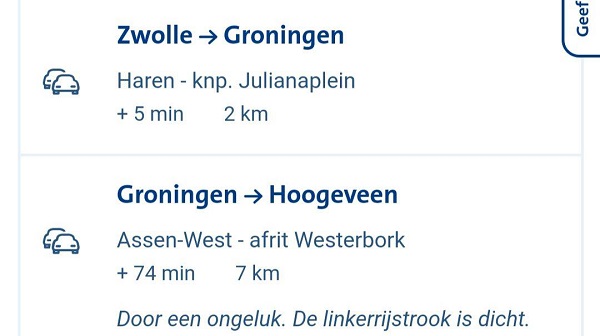 Enorme file zorgt voor 70 minuten vertraging van Assen naar Hoogeveen (Update)