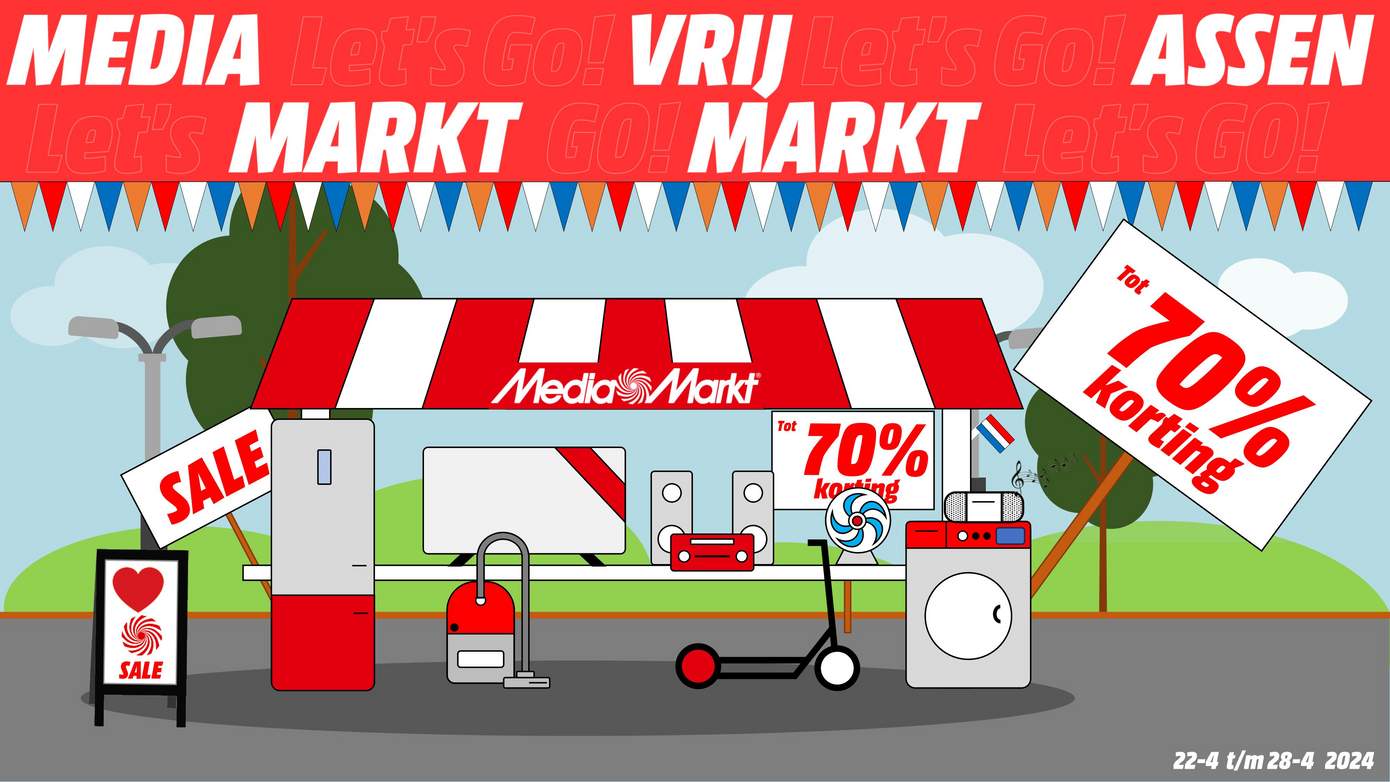 Bruisende vrijmarkt bij Mediamarkt Assen van 22 t/m 28 april