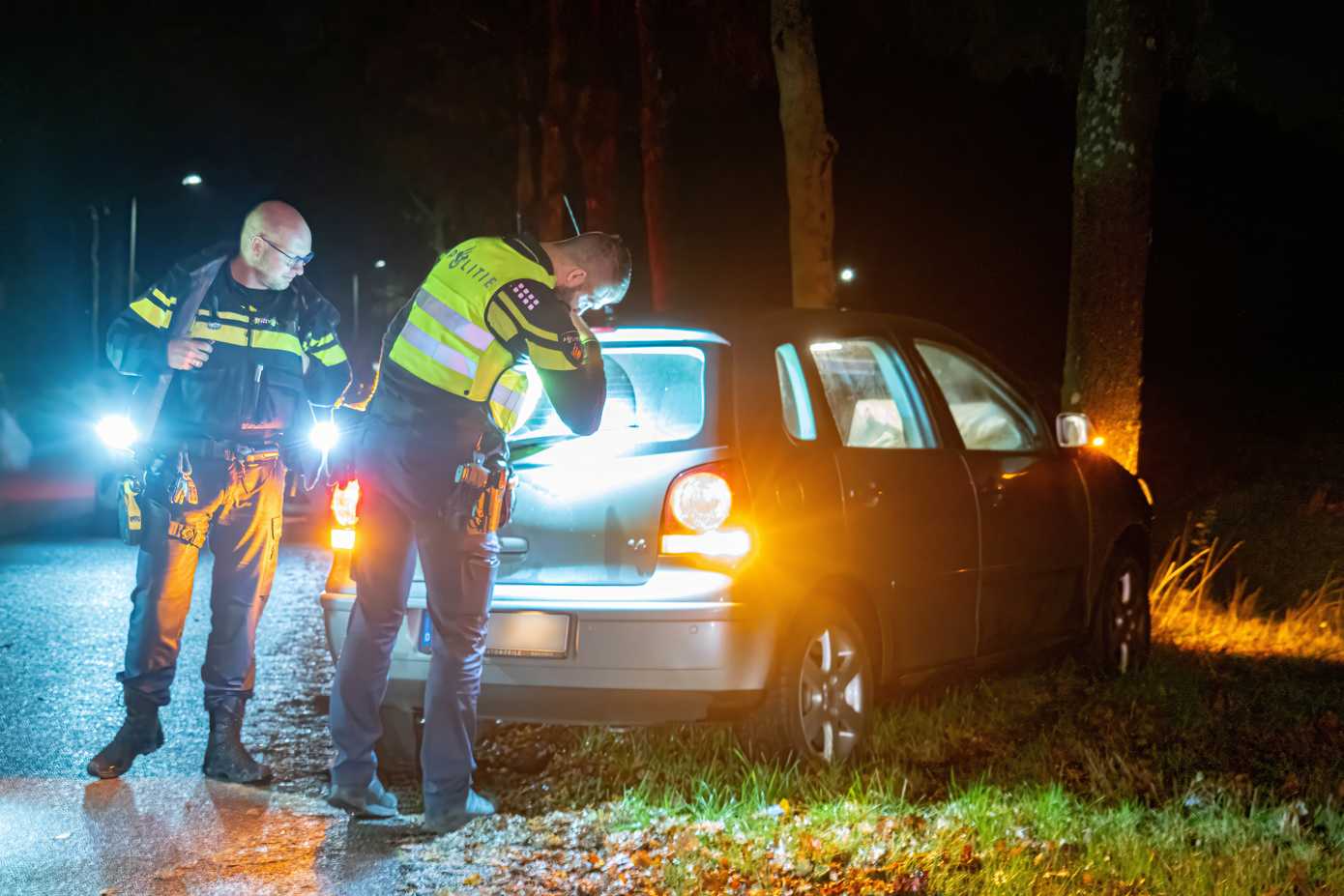 Auto mist bocht en rijdt verkeersbord omver en botst tegen boom in Assen